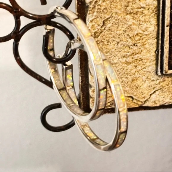 New Sterling Silver Iridescent Opal Hoop Earrings 925 - Picture 4 of 8